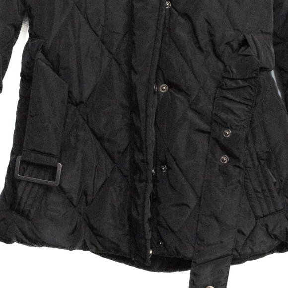 Jeane blush Womens Quilted Black Hooded Coat With Faux Fur Trim & Belted Waist S - Picture 4 of 8